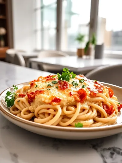 Baked Cream Cheese Spaghetti Casserole - ready to serve