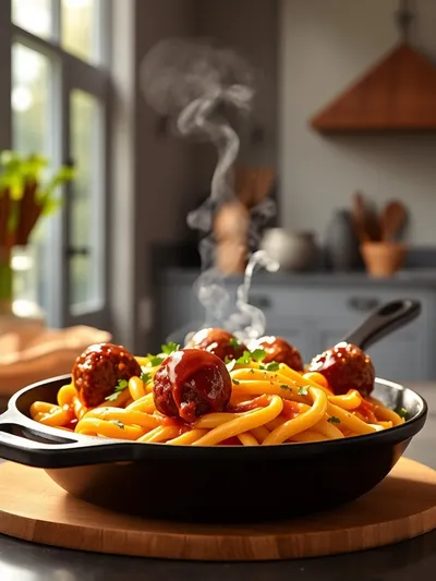 BBQ Ranch Meatball Cheddar Pasta Skillet