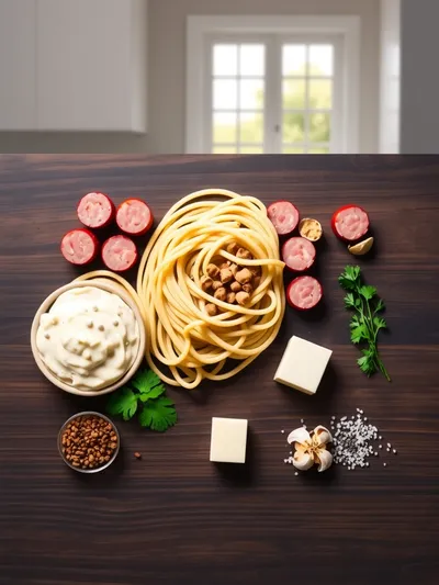Cajun Smoked Sausage Alfredo Pasta - ingredients preparation