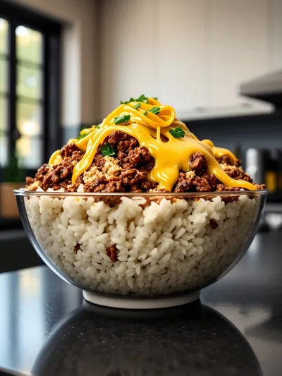 Cheesy Beef Garlic Butter Rice Bowl