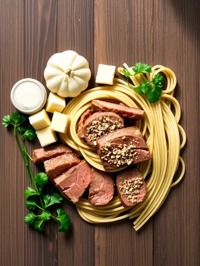 Creamy Garlic Butter Steak Pasta - ingredients preparation