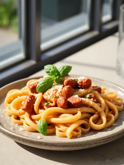 Creamy Italian Beef Sausage Rigatoni - ready to serve