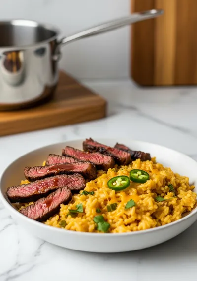Creamy Queso Rice With Juicy Steak Strips