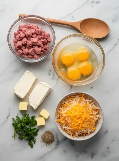Sausage, Egg, and Cream Cheese Hashbrown Casserole - ready to serve