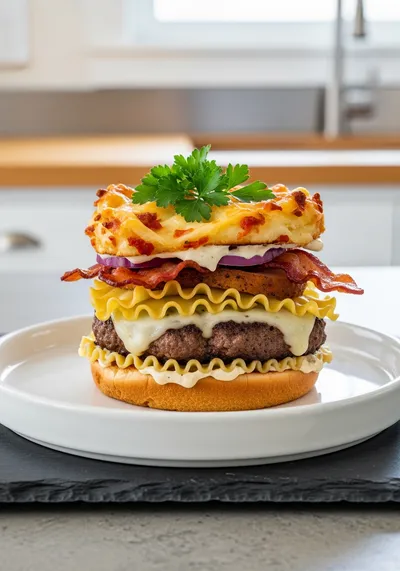 Lasagna Cheeseburger with Parmesan Garlic Turkey Bacon