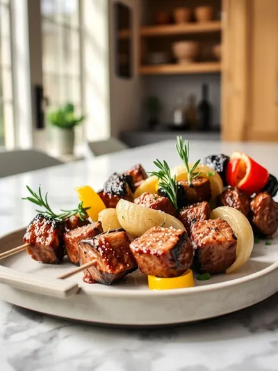 Rosemy Garlic Steak Kebabs - ready to serve