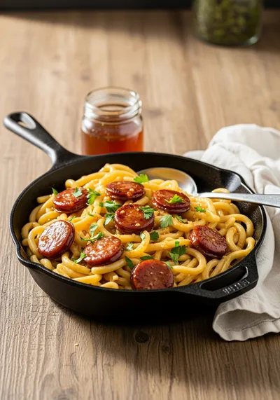 Sticky Honey Garlic Sausage Pasta Skillet